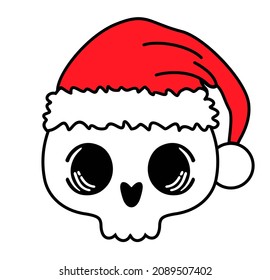 Skull with Santa Hat. Skull in Santa Claus Hat drawing in tattoo Style. Vector illustration for greeting card or poster, print on clothes. New Year's and Christmas.