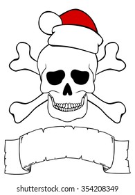 Skull with santa hat, crossed bones and empty ribbon for your text isolated on white