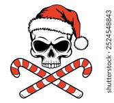 Skull with Santa Hat and Crossed Candy Canes Vector Illustration