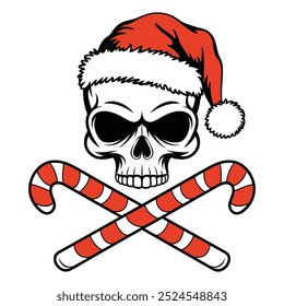 Skull with Santa Hat and Crossed Candy Canes Vector Illustration