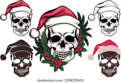 Skull Santa hat with Flower Bundle, Skull with Hat, Christmas Skull, Christmas, Christmas Clipart, Skull Silhouette Cut Files