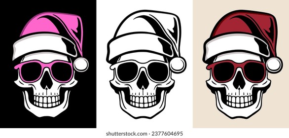 Skull Santa Hut Illustration für lustige gotische Weihnachtskarten und Dekorationen. Schöne Feiertagszeit. Minimalistische Vektorgrafik für druckbare Produkte.