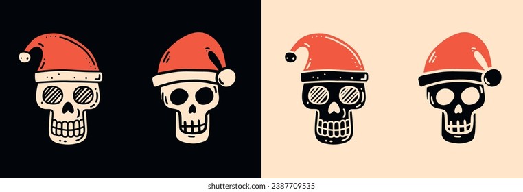 Skull Santa hat illustration for funny gothic Christmas cards and decorations. Creepy holiday season aesthetic. Minimalist hand drawn naive style vector illustration for printable products.