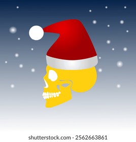 Skull in Santa Hat. A yellow skull with a white eye socket is depicted in profile, wearing a red Santa hat with a white pom-pom. The hat has a white trim around the base.  