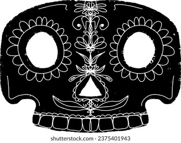 Skull with Santa Muerte patterns. Graphics, stylization, linocut. Vector element.