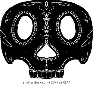 Skull with Santa Muerte patterns. Graphics, stylization, linocut. Vector element.	
