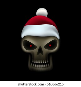 Skull in Santa red hat on black background. Christmas celebration