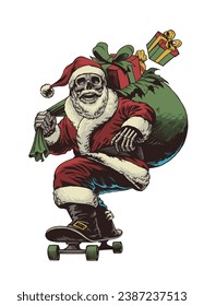 Skull Santa Riding Skateboard Carry Many Gift in Hand Drawn Style