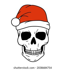 Skull Santa. Scary Christmas Skull. Horror Christmas. Vector illustration. Isolated on white background.