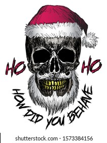 
skull santa vector print on clothes beard new year red hat punk winter face design hipster poster rock skeleton 