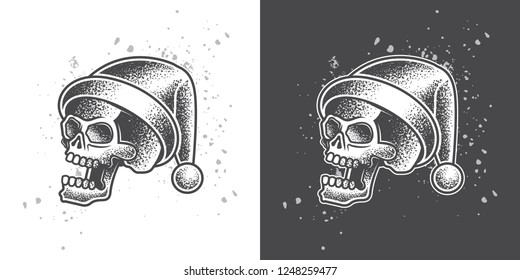 Skull in Santa's hat. Monochrome vector illustration.