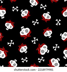 Skull in scarf and bones vector seamless pattern for holiday Halloween. Background for wallpaper, wrapping, packing, and backdrop. Halloween human head. 