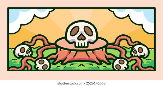 Skull Scene Surrounded by Nature with Trees and Clouds in the Background Cartoon Vector Illustration of a Creepy