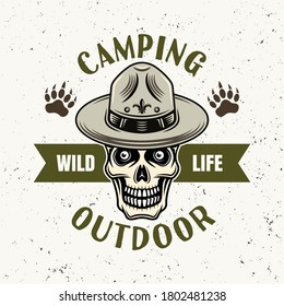 Skull in scout hat vector emblem, badge, label or logo for camping and outdoor adventure. Illustration in vintage colorful style isolated on light background with removable texture