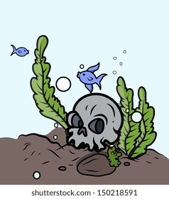 Skull in Sea Bottom - Vector Cartoon Illustration