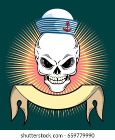 Skull in a seaman's hat and with a banner