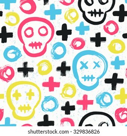 Skull seamless background. Surface decoration with skull, cross and circle.Vector illustration. Cloth design, wallpaper, wrapping.