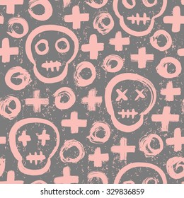 Skull seamless background. Surface decoration with skull, cross and circle.Vector illustration. Cloth design, wallpaper, wrapping.