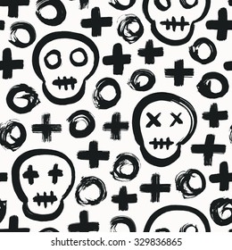 Skull seamless background. Surface decoration with skull, cross and circle.Vector illustration. Cloth design, wallpaper, wrapping.