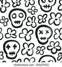 Skull seamless background. Surface decoration with skull and flower.Vector illustration. Cloth design, wallpaper, wrapping.
