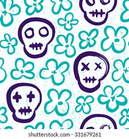 Skull seamless background. Surface decoration with skull and flower.Vector illustration. Cloth design, wallpaper, wrapping.