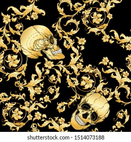 Skull Seamless pattern, background In baroque, rococo, victorian, renaissance style. Trendy frolar vintage pattern.  In gold and black vector illustration.
