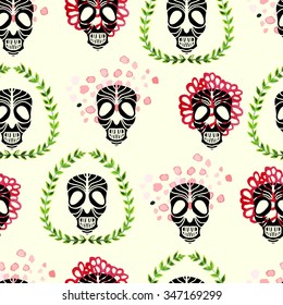 Skull seamless pattern. Black skull head background.