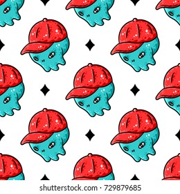 Skull seamless pattern. Cartoon blue skull in red cap seamless pattern on white background isolated. Stock Vector Illustration.