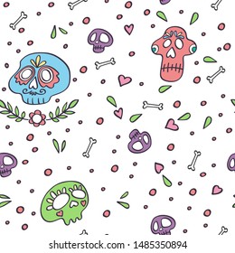 Skull seamless pattern. Day of the Dead skull background. Mexican Dia de los Muertos holiday skulls. Leafs, bones, hearts. Doodle style vector. Texture for textile, wrapping, fabric and other