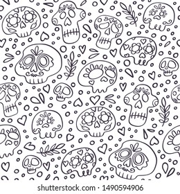 Schäl nahtloses Muster. Tag des Toten Schädelhintergrunds. mexikanische Dia de los Muertos Urlaubsschalen. Blattspitzen, Knochen, Herzen. Doodle-Stil-Vektorgrafik. Textur für Textilien, Umhüllungen, Gewebe und andere Oberflächen