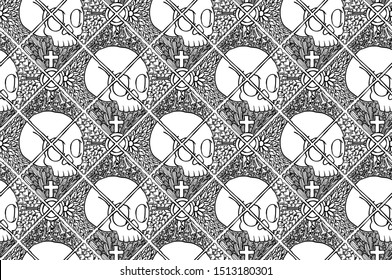 Skull Seamless Pattern, Dia De Muertos, Day Of The Dead, Isolated Vector, Monochrome