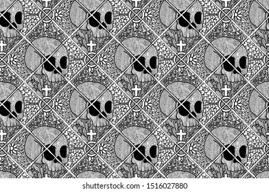 Skull Seamless Pattern, Dia De Muertos, Day Of The Dead, Isolated Vector, Monochrome