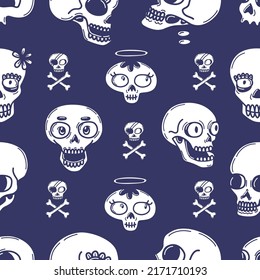 El doodle de patrón sin fisuras cráneo tiene fondo gótico, textura de carnaval de los días muertos en méxico. Cabeza de cemento cómic, esqueleto de halloween imprenta vectorial neoterica