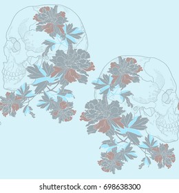 Skull Seamless Pattern Floral Design. Skeleton of the human head, vintage engraved illustration. Green background.