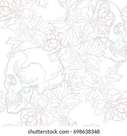 Skull Seamless Pattern Floral Design. Skeleton of the human head, vintage engraved illustration.
