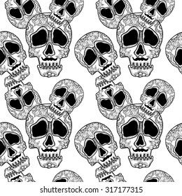 Skull seamless pattern. Halloween background. Black and white. Backgrounds & textures shop.