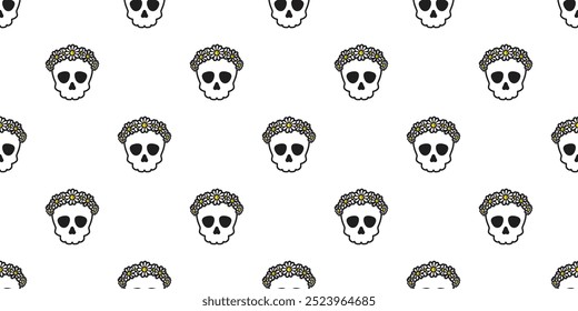 skull seamless pattern Halloween daisy flower crown crossbones pirate vector cartoon skeleton doodle tile background scarf isolated gift wrapping paper repeat wallpaper illustration design