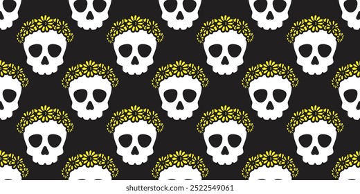 skull seamless pattern Halloween flower daisy crown crossbones pirate vector cartoon skeleton doodle tile background scarf isolated gift wrapping paper repeat wallpaper illustration design