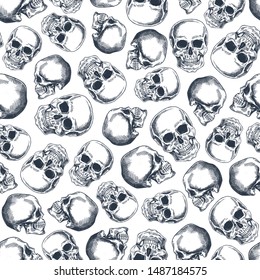 Skull seamless pattern. Halloween wallpaper. Human skeleton background. Vector illustration