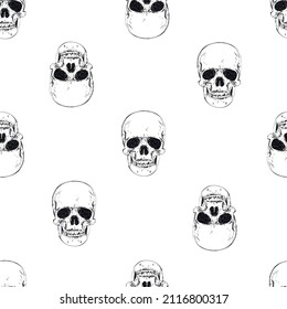 Skull seamless pattern. Halloween wallpaper. Human skeleton hand drawing background.