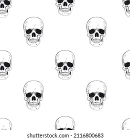 Skull seamless pattern. Halloween wallpaper. Human skeleton hand drawing background.