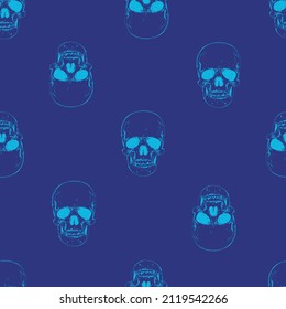 Skull seamless pattern. Halloween wallpaper. Human skeleton hand drawing background.