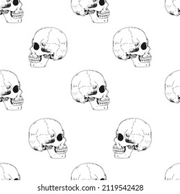 Patrón sin fisuras. Fondo de pantalla de Halloween. Fondo del dibujo de la mano del esqueleto humano.