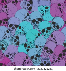 Skull seamless pattern. Halloween wallpaper. Human skeleton hand drawing background.