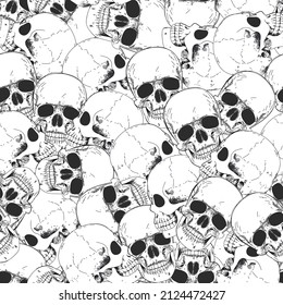 Skull seamless pattern. Halloween wallpaper. Human skeleton hand drawing background.
