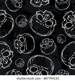 Skull. Seamless pattern. Handmade. Vector illustration. Black background