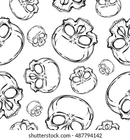 Skull. Seamless pattern. Handmade. Vector illustration. Coloring book page design