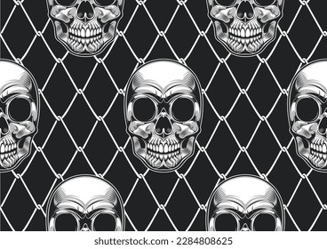 skull seamless pattern with iron wire or barbed wire background, image punk background, street comic art, textile fashion, artwork for fabric print, clothes, handkerchief or banner website