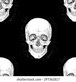 Skull seamless pattern on black background.