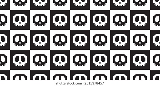 skull seamless pattern pixel Halloween checked vector cartoon skeleton doodle tile background scarf isolated gift wrapping paper repeat wallpaper illustration design